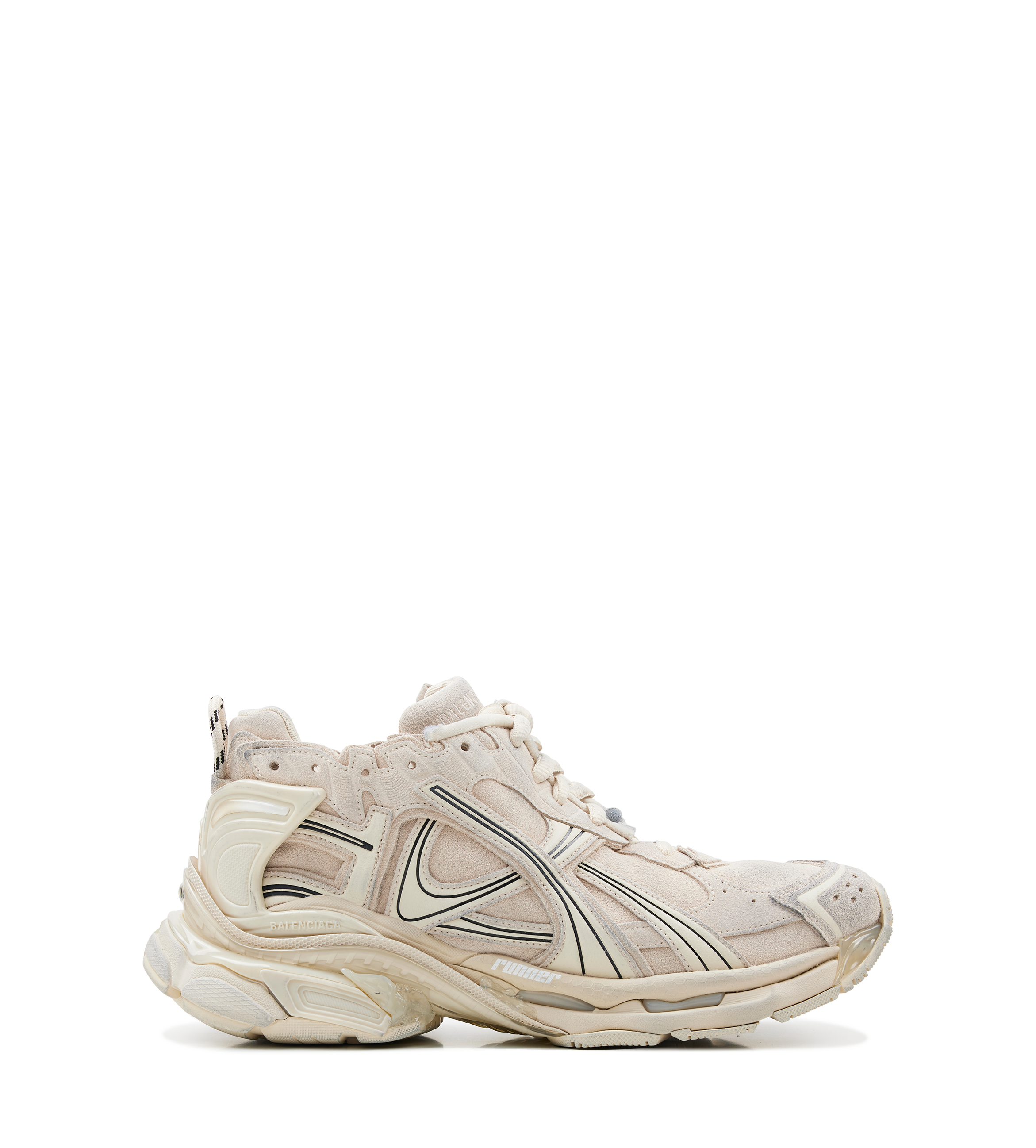 Balenciaga Suede Runner Sneakers in beige suede with distressed finish and embroidered logo.