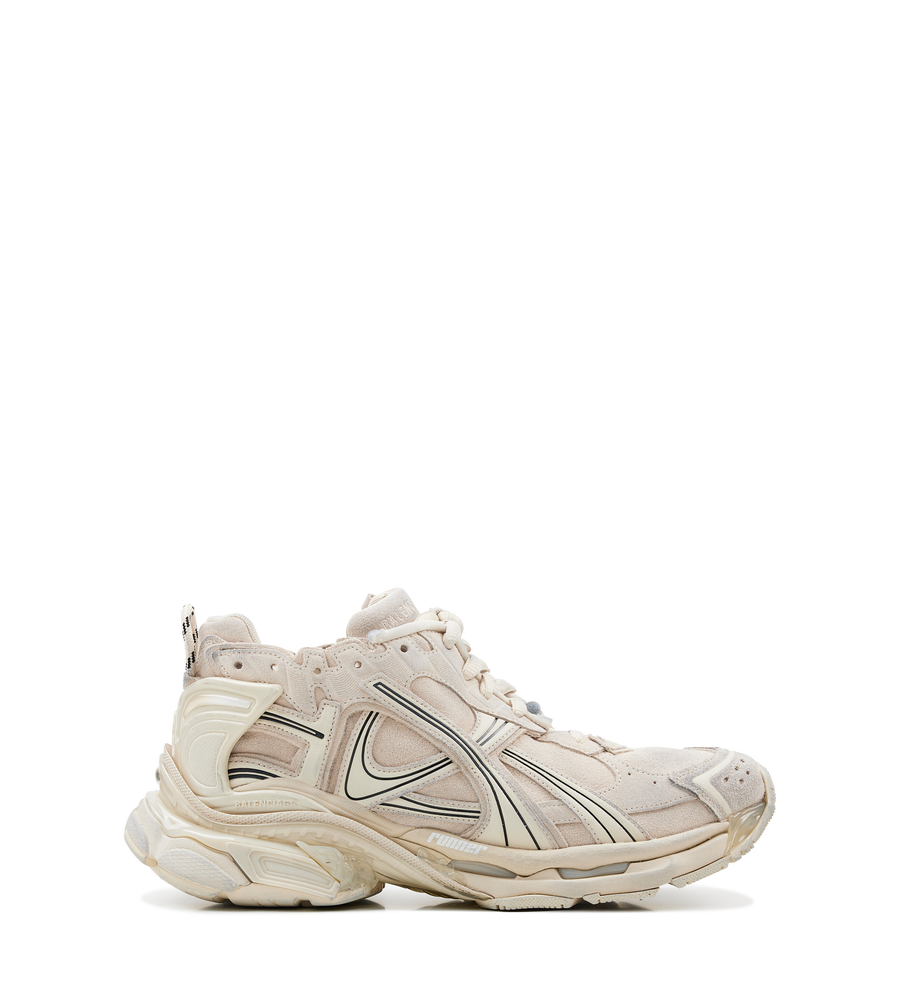 Balenciaga Suede Runner Sneakers in beige suede with distressed finish and embroidered logo.