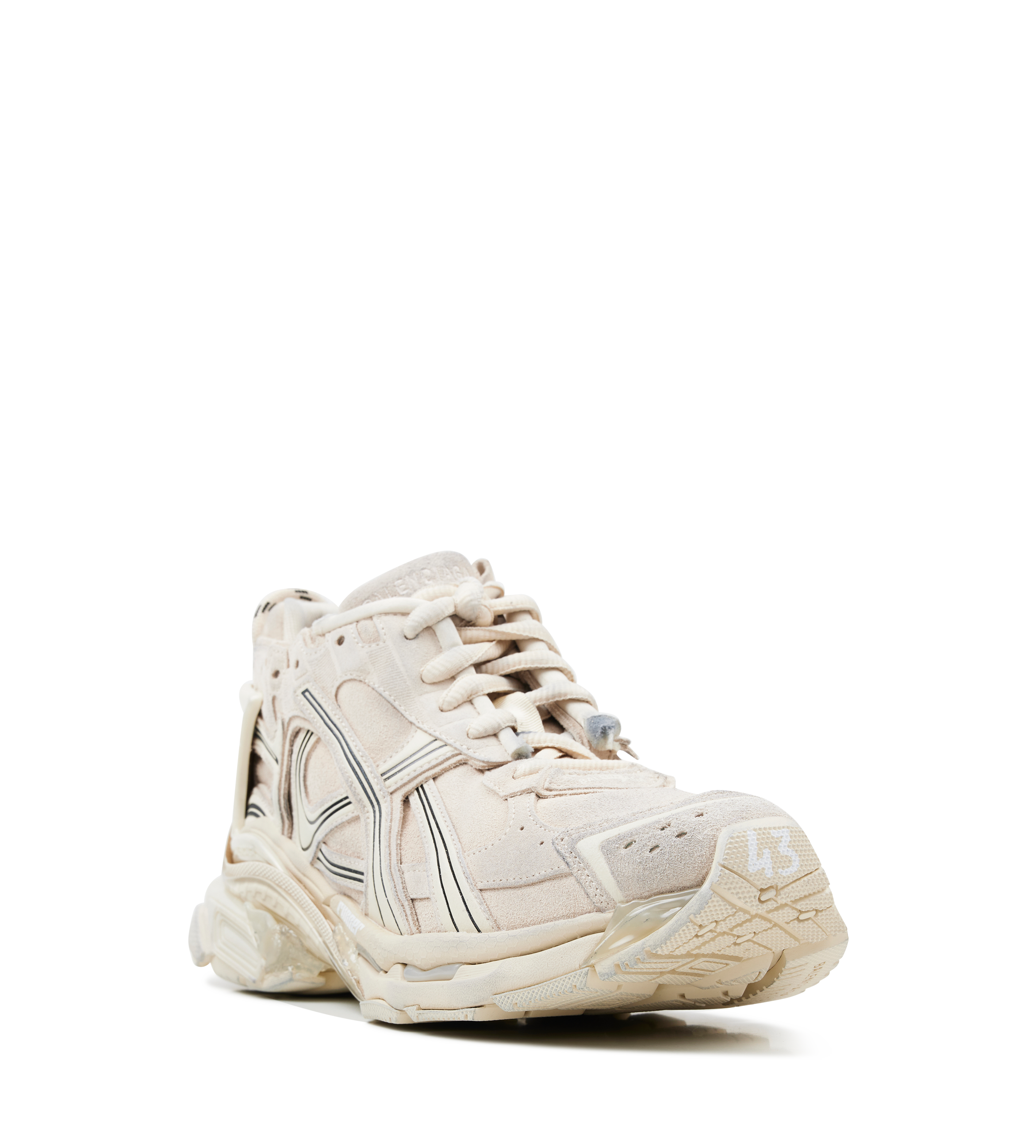Balenciaga Suede Runner Sneakers in beige suede with distressed finish and embroidered logo.