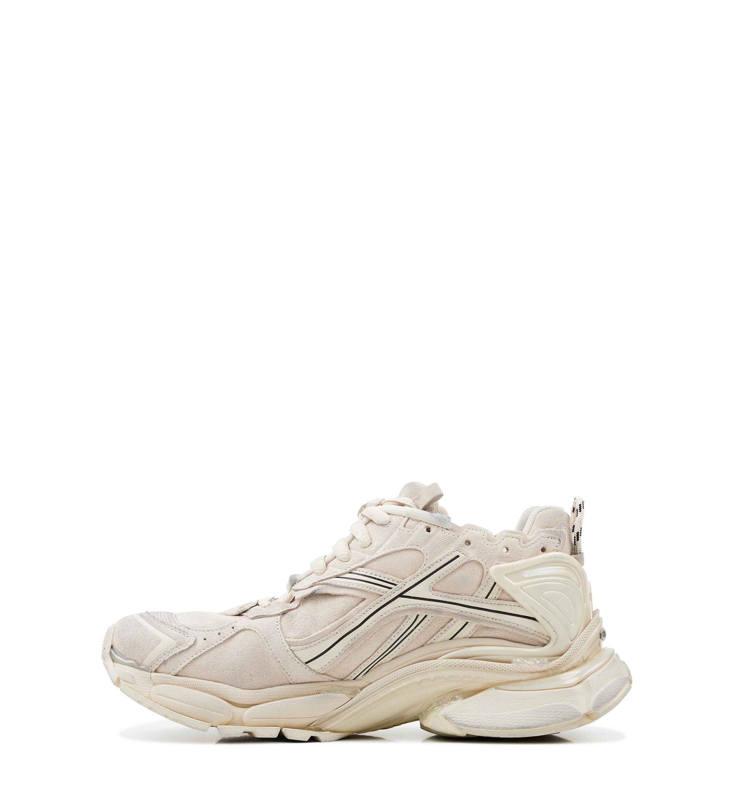 alenciaga Suede Runner Sneakers in beige suede with distressed finish and embroidered logo.