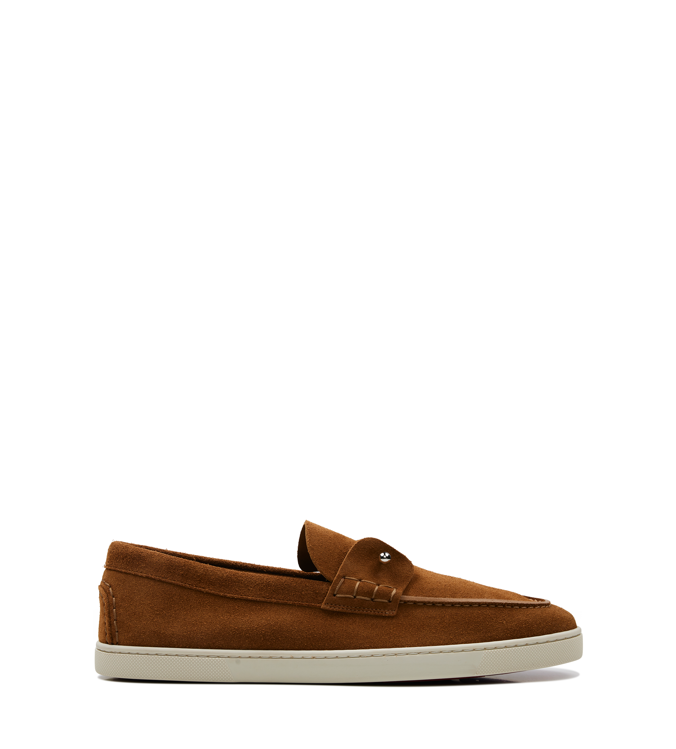 Christian Louboutin Chambeliboat boat shoes in Havane patinated calf leather with metal collar pin detail and beige rubber sole.