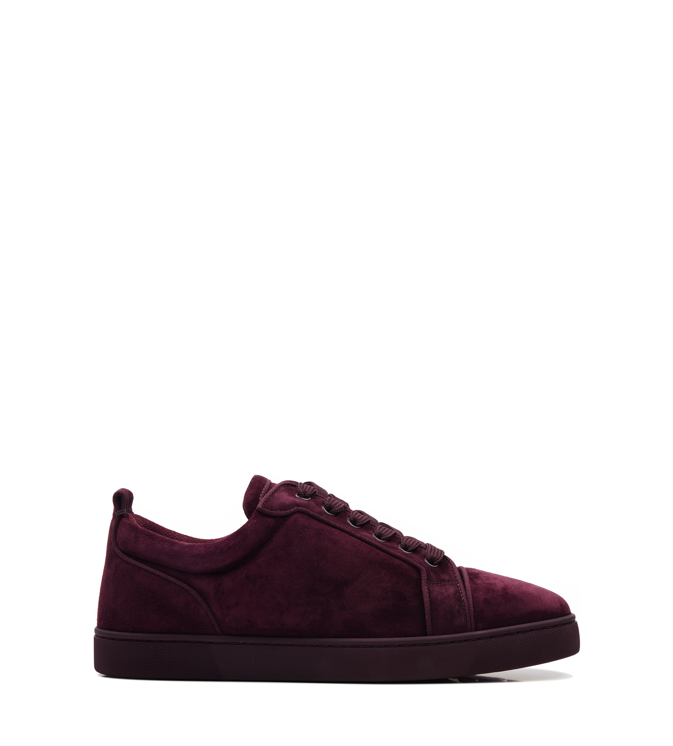 Christian Louboutin Louis Junior low-top sneakers in Amara bordeaux veau velours with tonal rubber sole and signature red outsole.