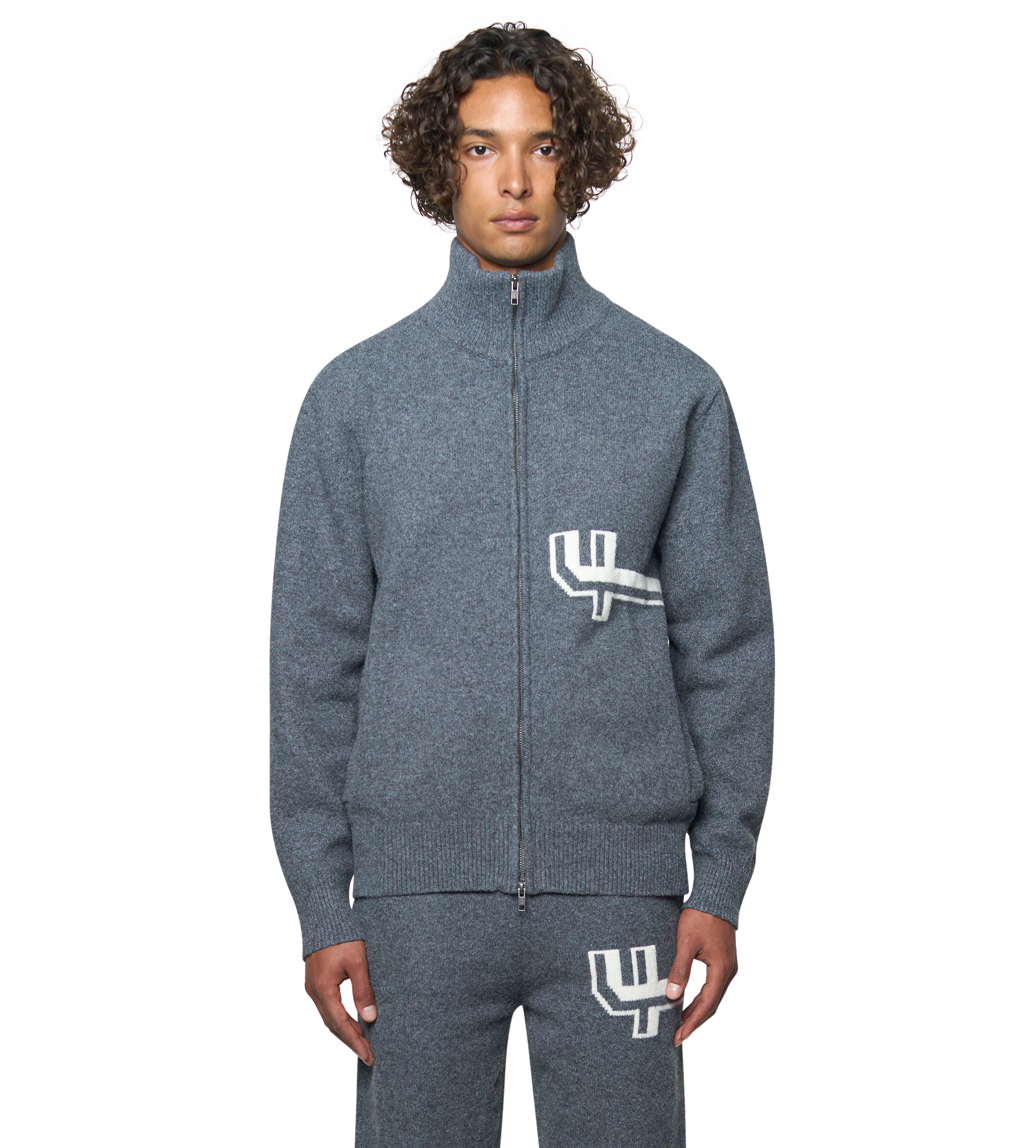 Knitted Zip Up Dark Grey/ White