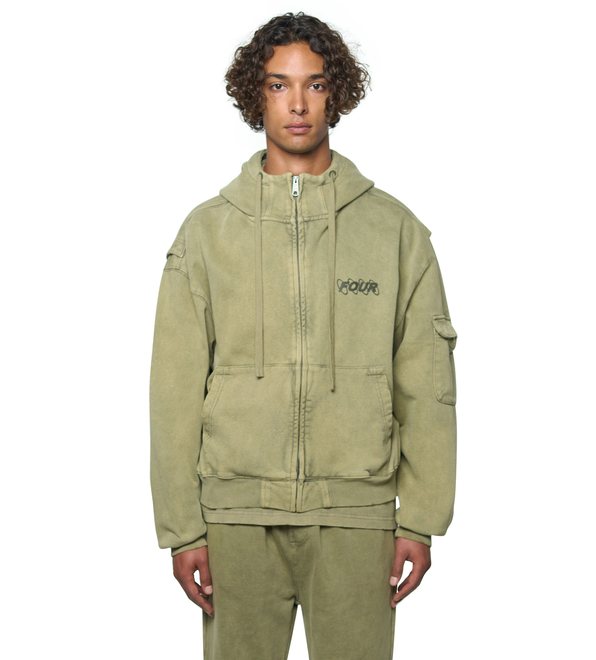 Circles Boxy Zip Up Hoodie Washed Moss Green