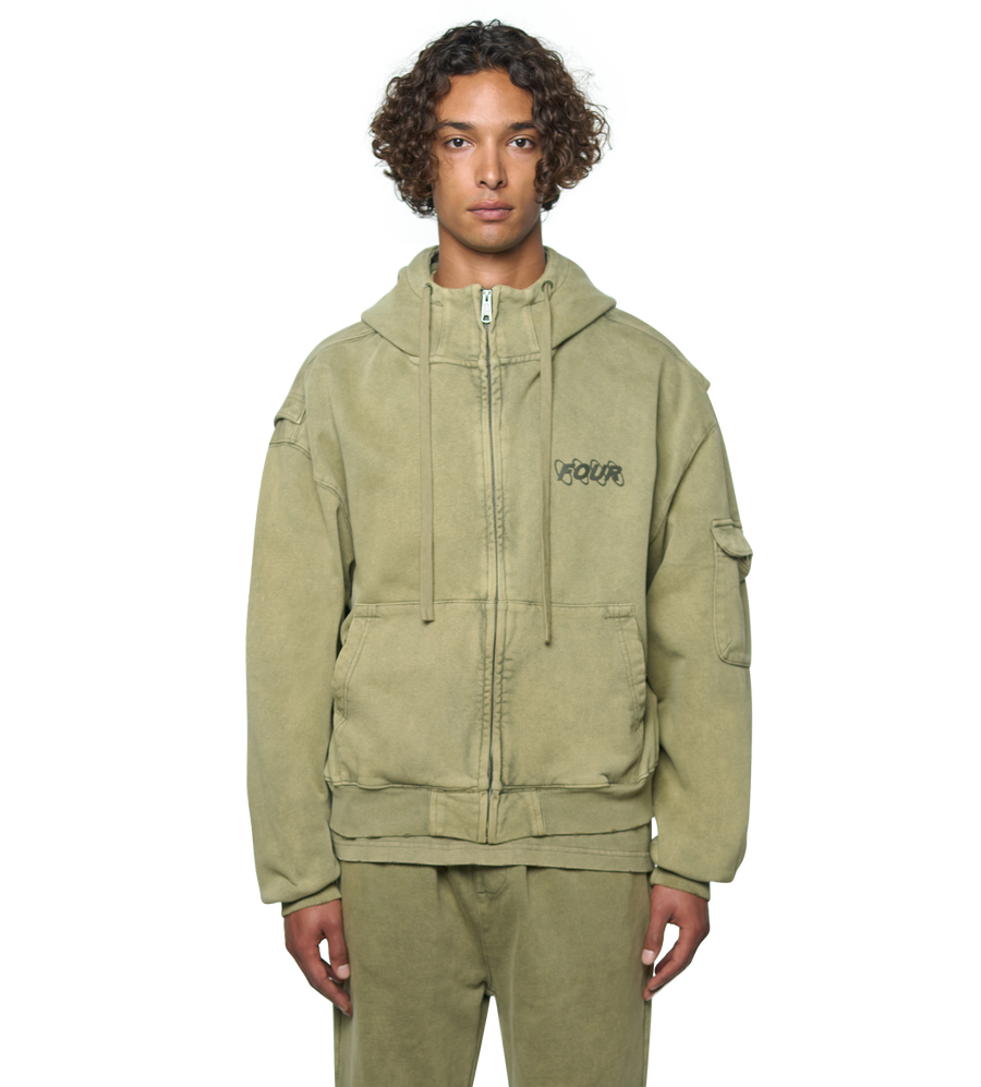 Circles Boxy Zip Up Hoodie Washed Moss Green