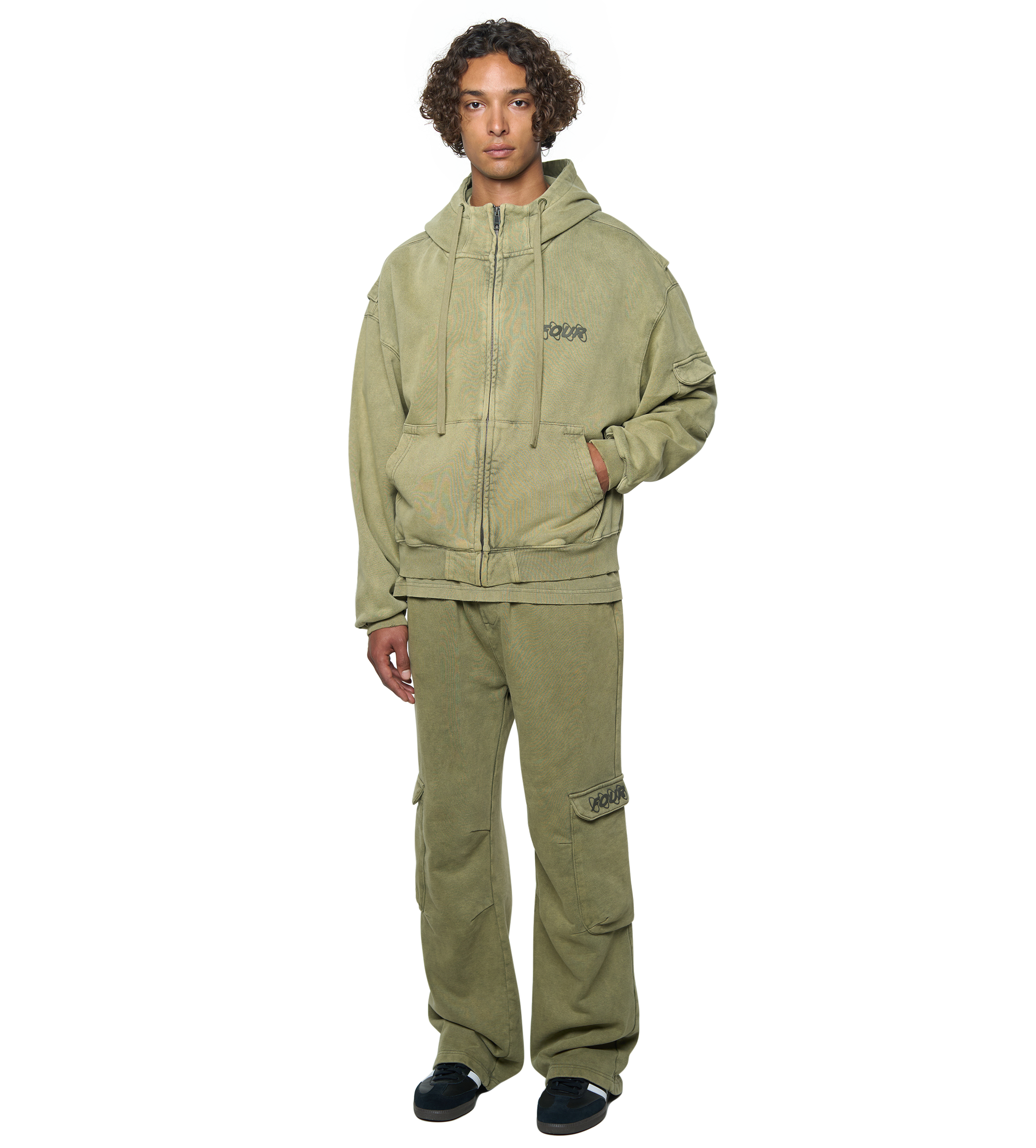 Circles Boxy Zip Up Hoodie Washed Moss Green