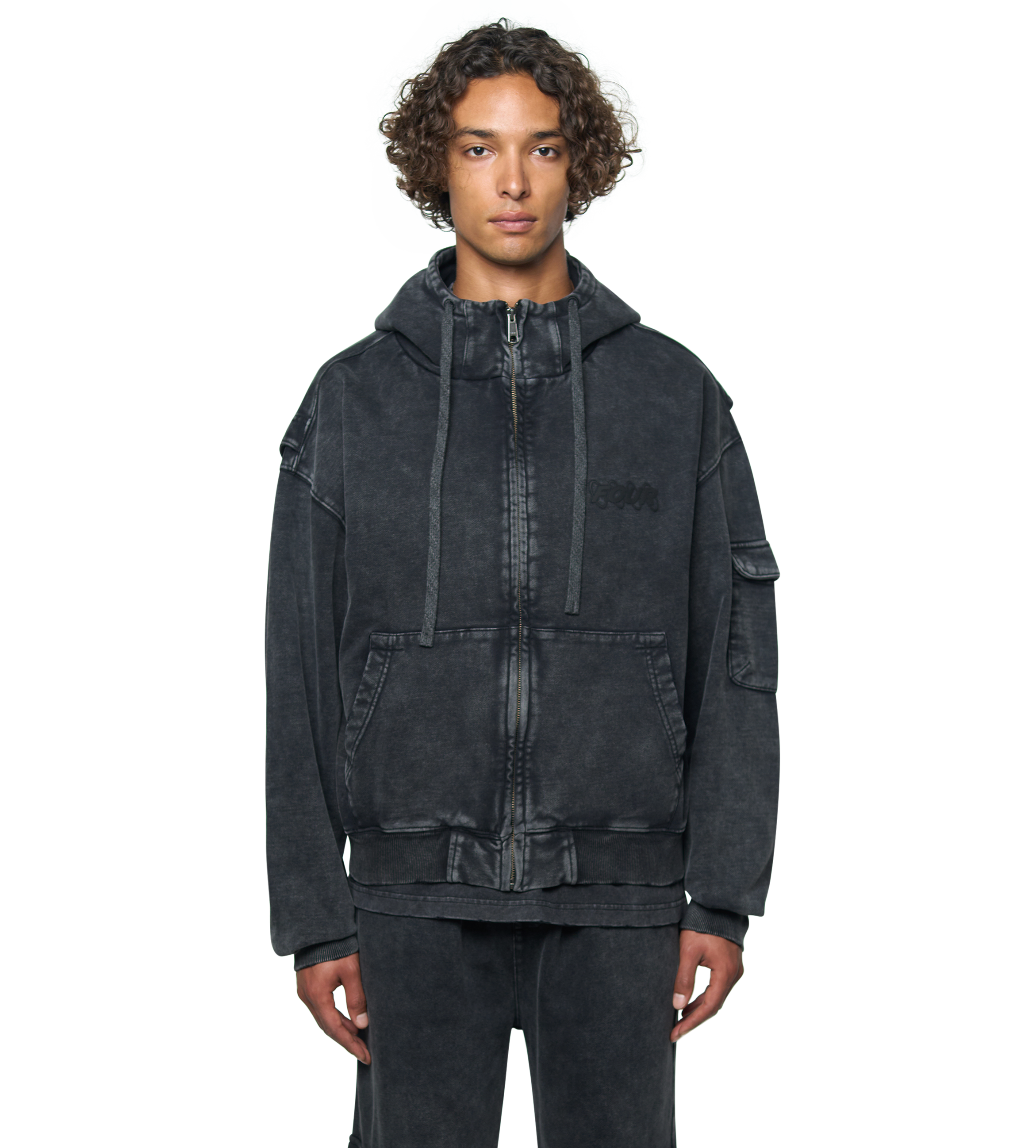Circles Boxy Zip Up Hoodie Washed Black