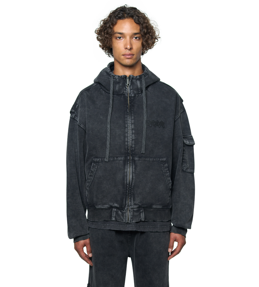 Circles Boxy Zip Up Hoodie Washed Black