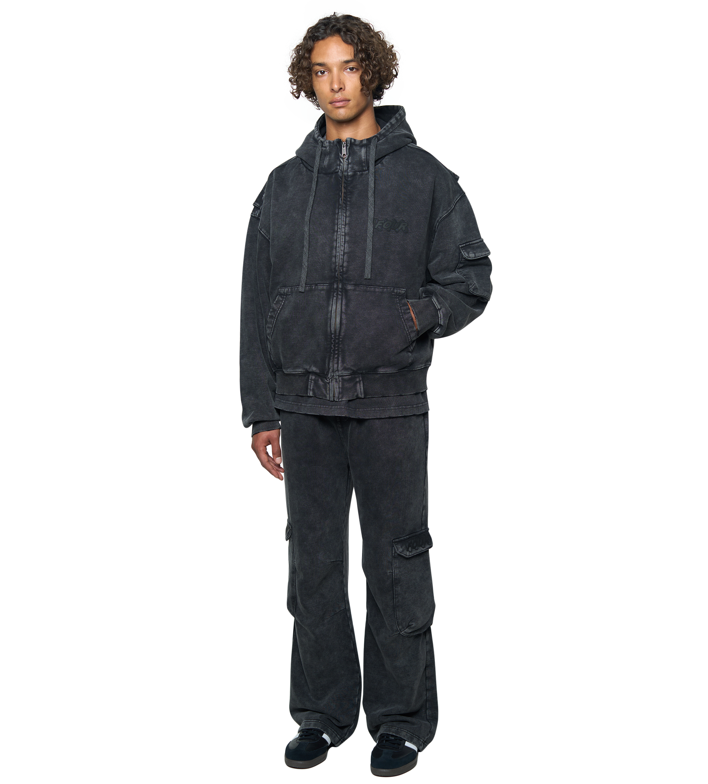 Circles Boxy Zip Up Hoodie Washed Black