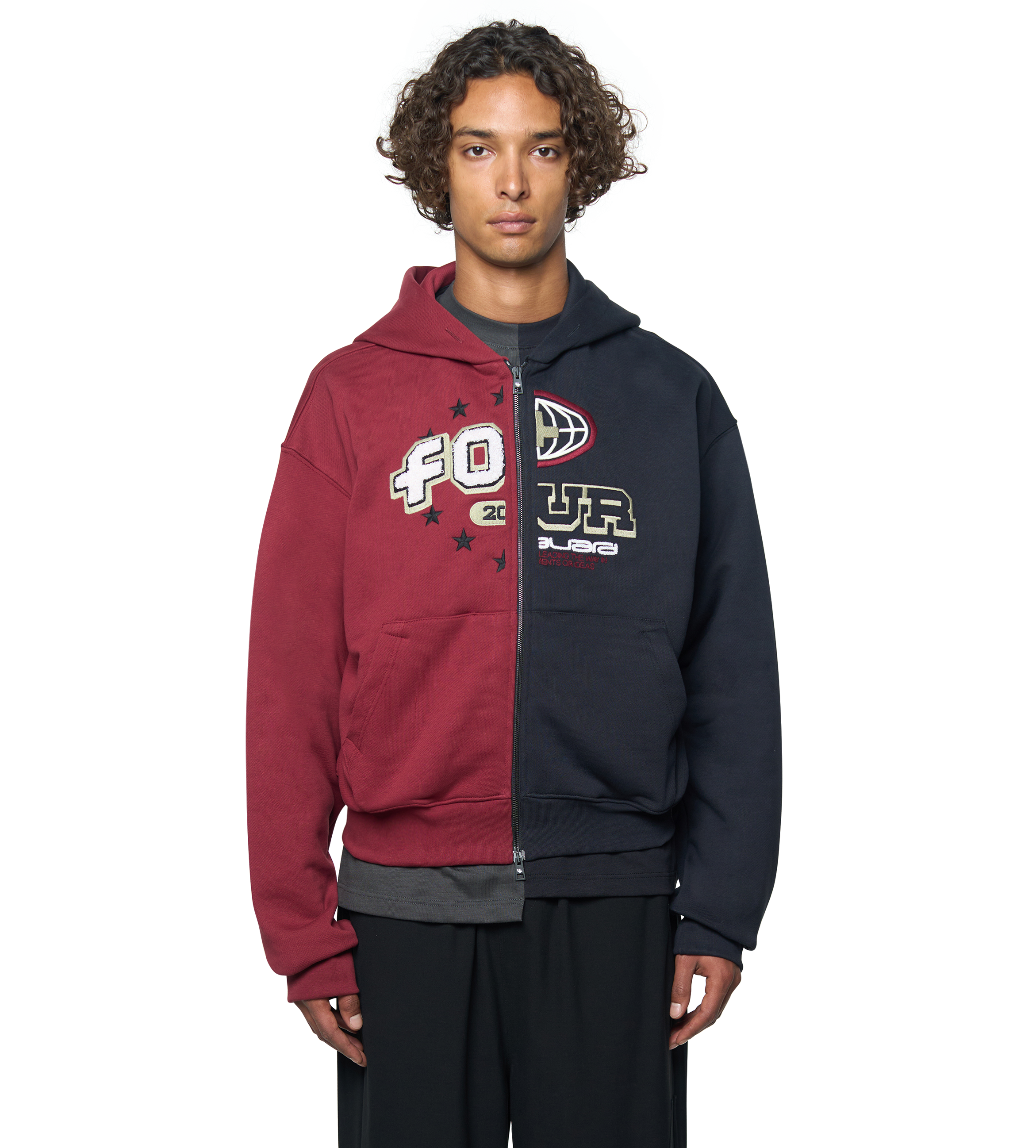 Split Zip Up Hoodie Black/ Pomegranate