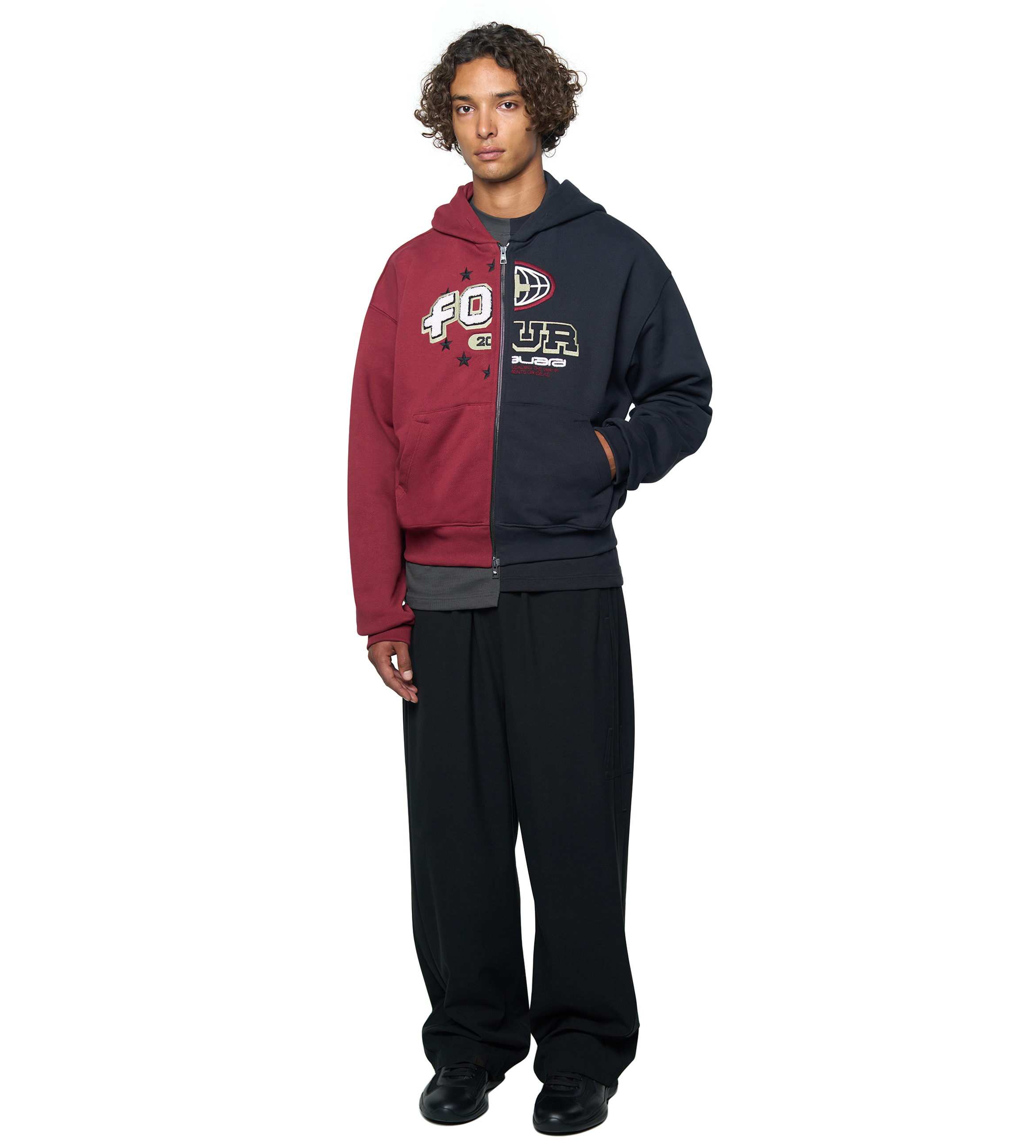 Split Zip Up Hoodie Black/ Pomegranate