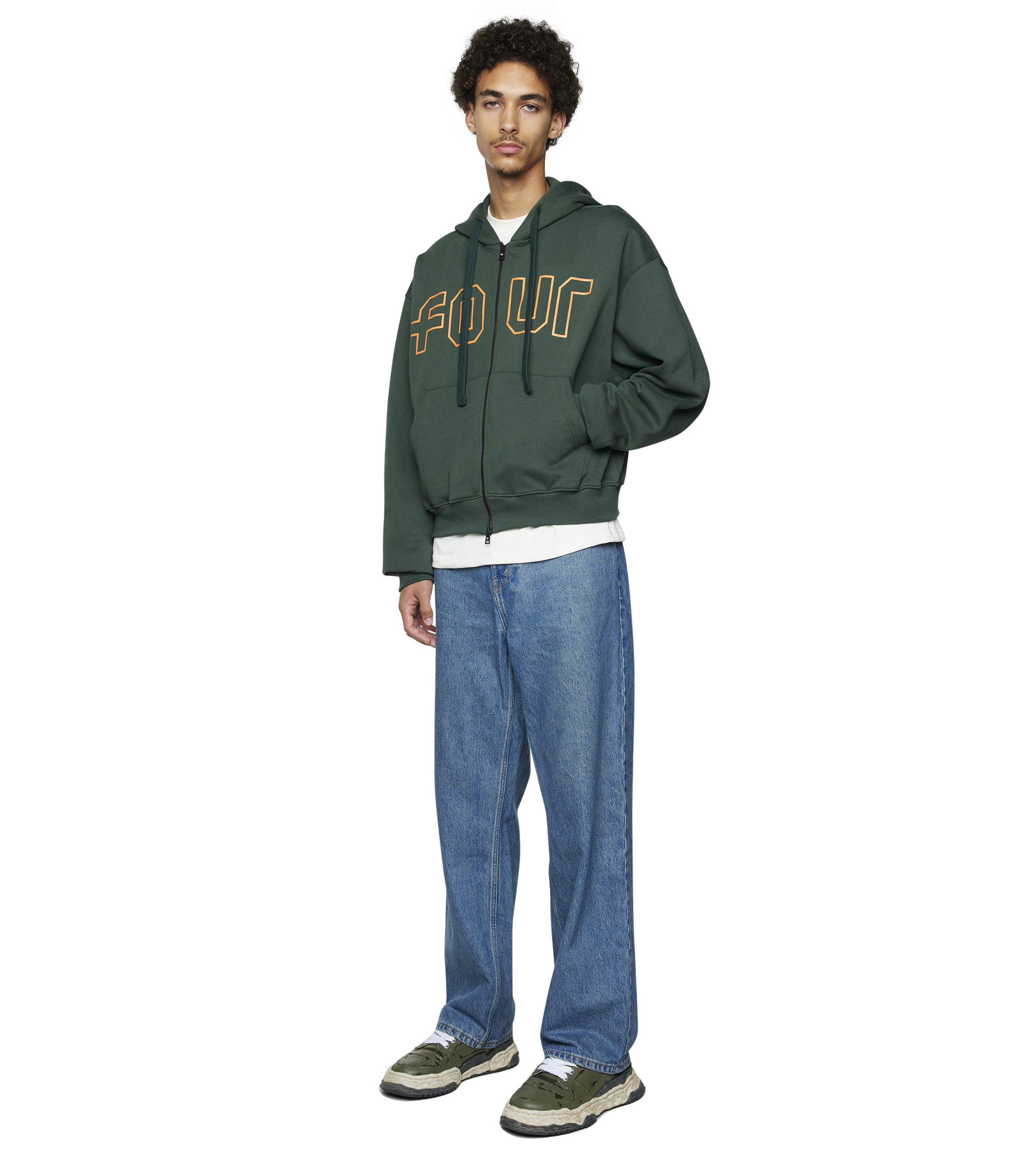 Outline Boxy Zip Up Hoodie Deep Forest/ Dusty Orange