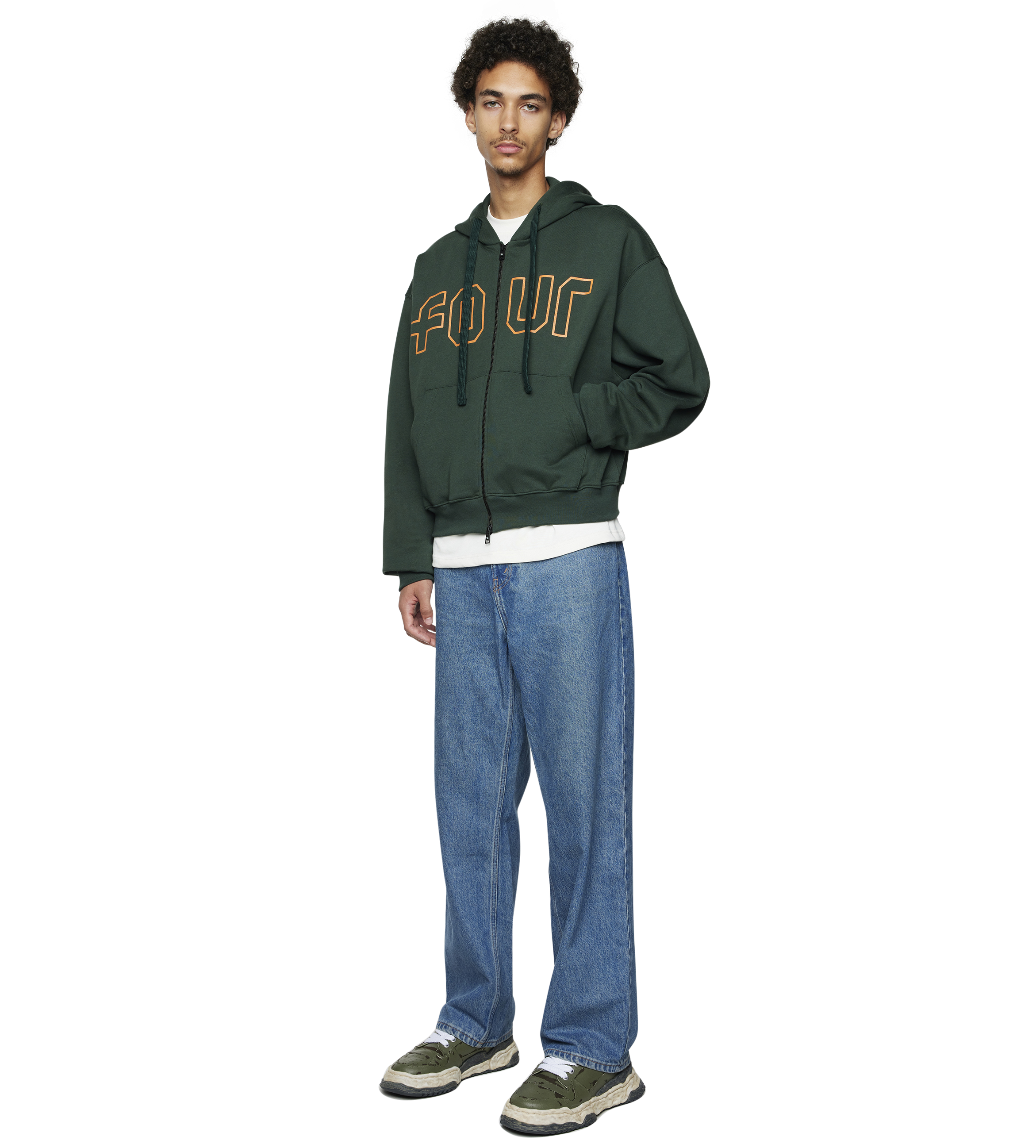 Outline Boxy Zip Up Hoodie Deep Forest/ Dusty Orange