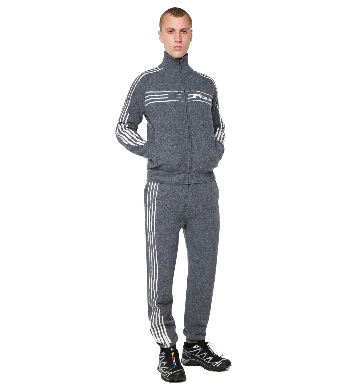 Special Knitted Zip Up Dark Grey/ White