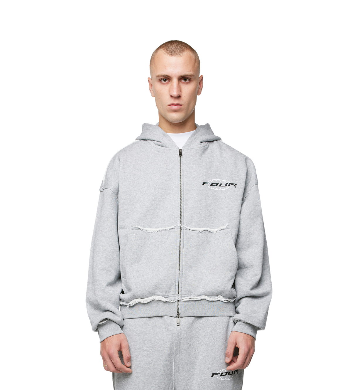 Logo Raw Edge Zip Up Hoodie Grijs Melange