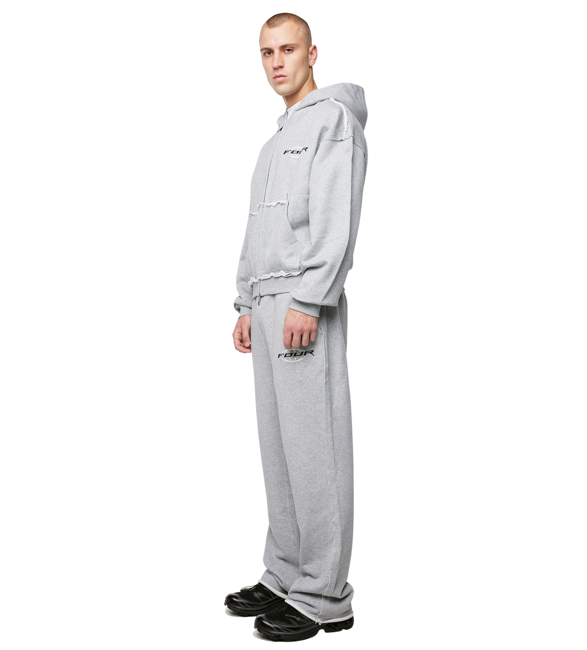 Logo Raw Edge Zip Up Hoodie Grijs Melange