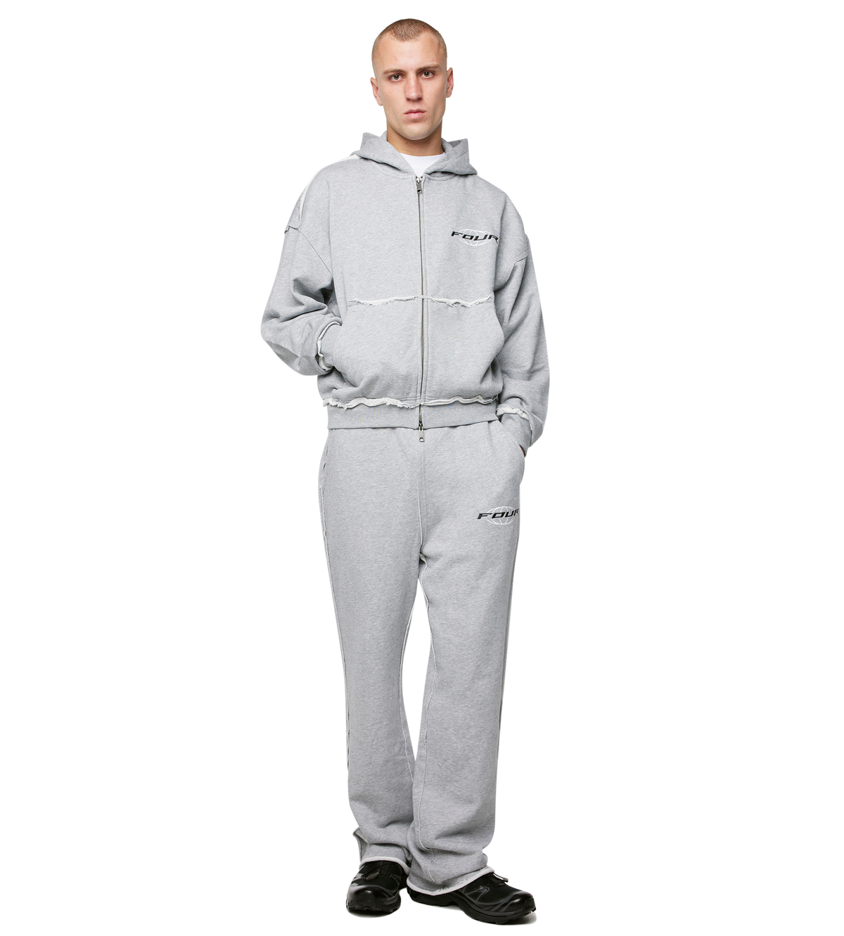 Logo Raw Edge Zip Up Hoodie Grijs Melange