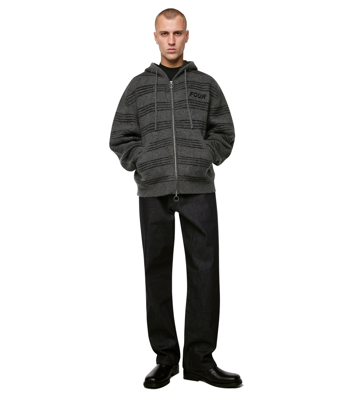Logo Brushed Knitted Zip Hoodie Grijs
