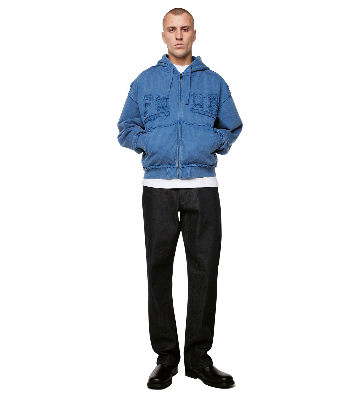 Logo Destroyed Boxy Zip Up Hoodie Washed Blauw