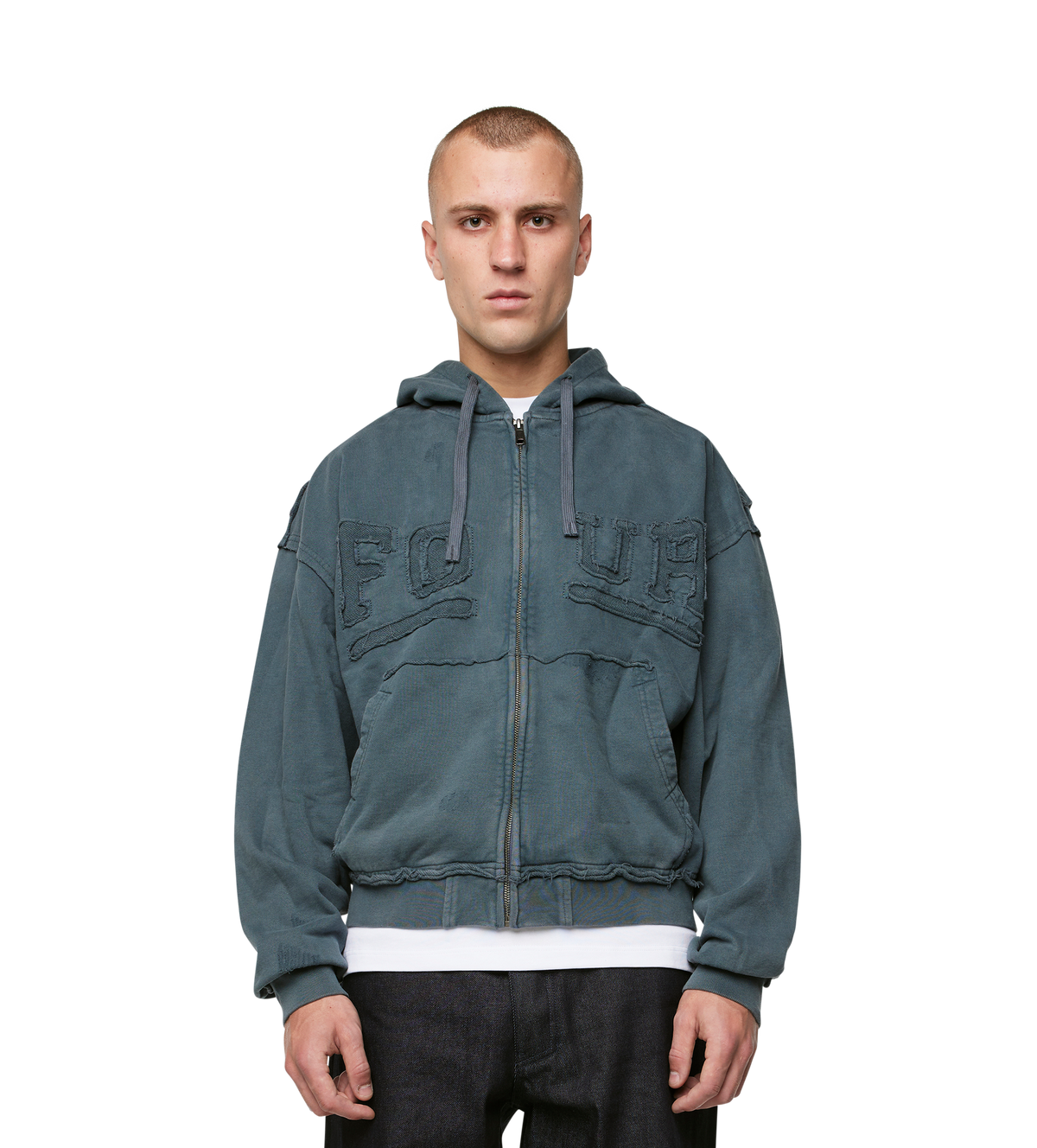 Logo Destroyed Boxy Zip Up Hoodie Washed Grijs