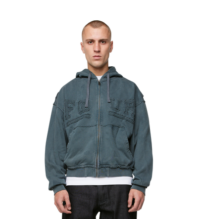 Logo Destroyed Boxy Zip Up Hoodie Washed Grijs