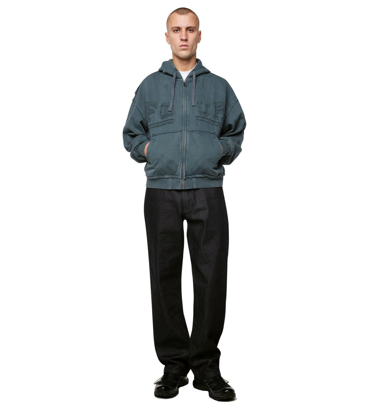 Logo Destroyed Boxy Zip Up Hoodie Washed Grijs