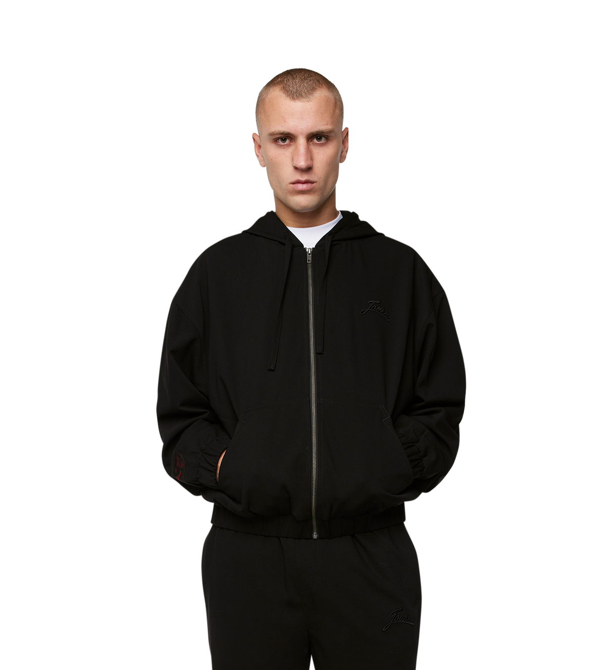Script Bonded Woven Zip up Hoodie Zwart