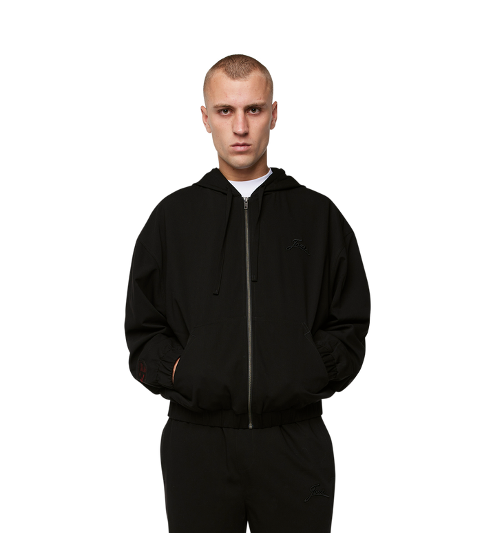 Script Bonded Woven Zip up Hoodie Zwart