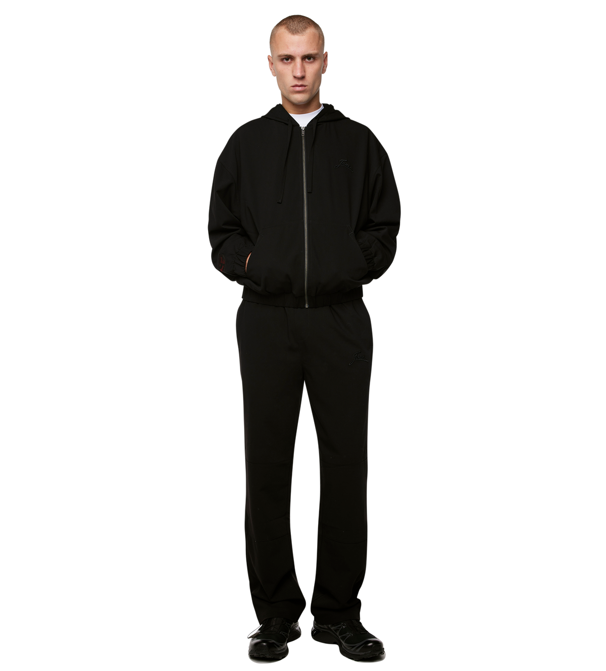 Script Bonded Woven Zip up Hoodie Zwart