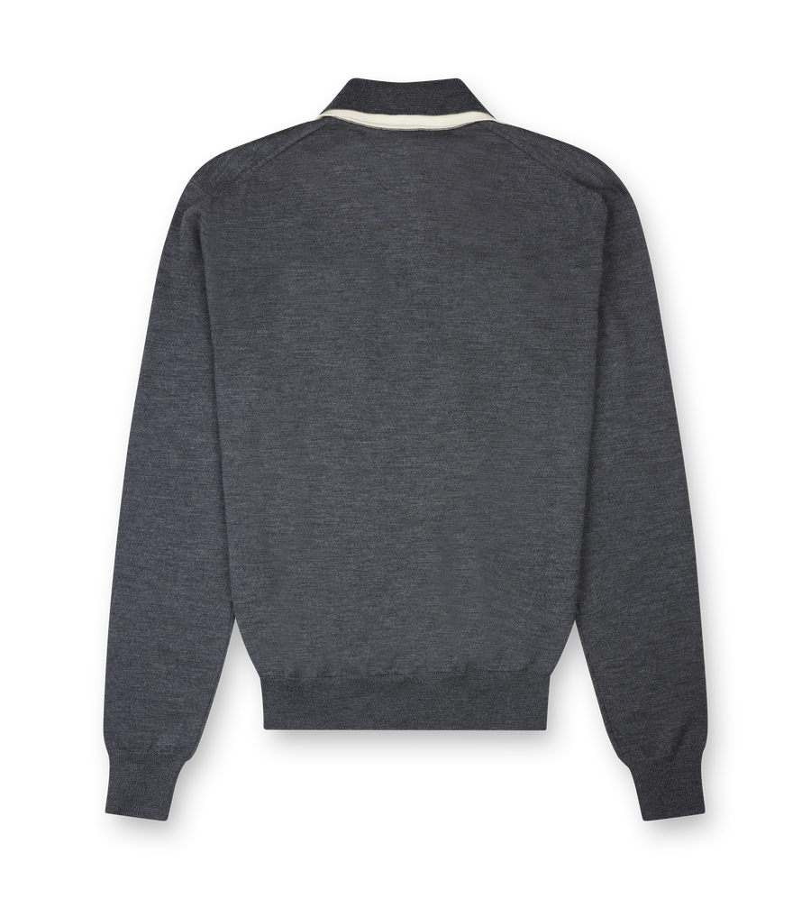Contrast-Collar Wool Quarter-Zip Polo Shirt Ash Grey