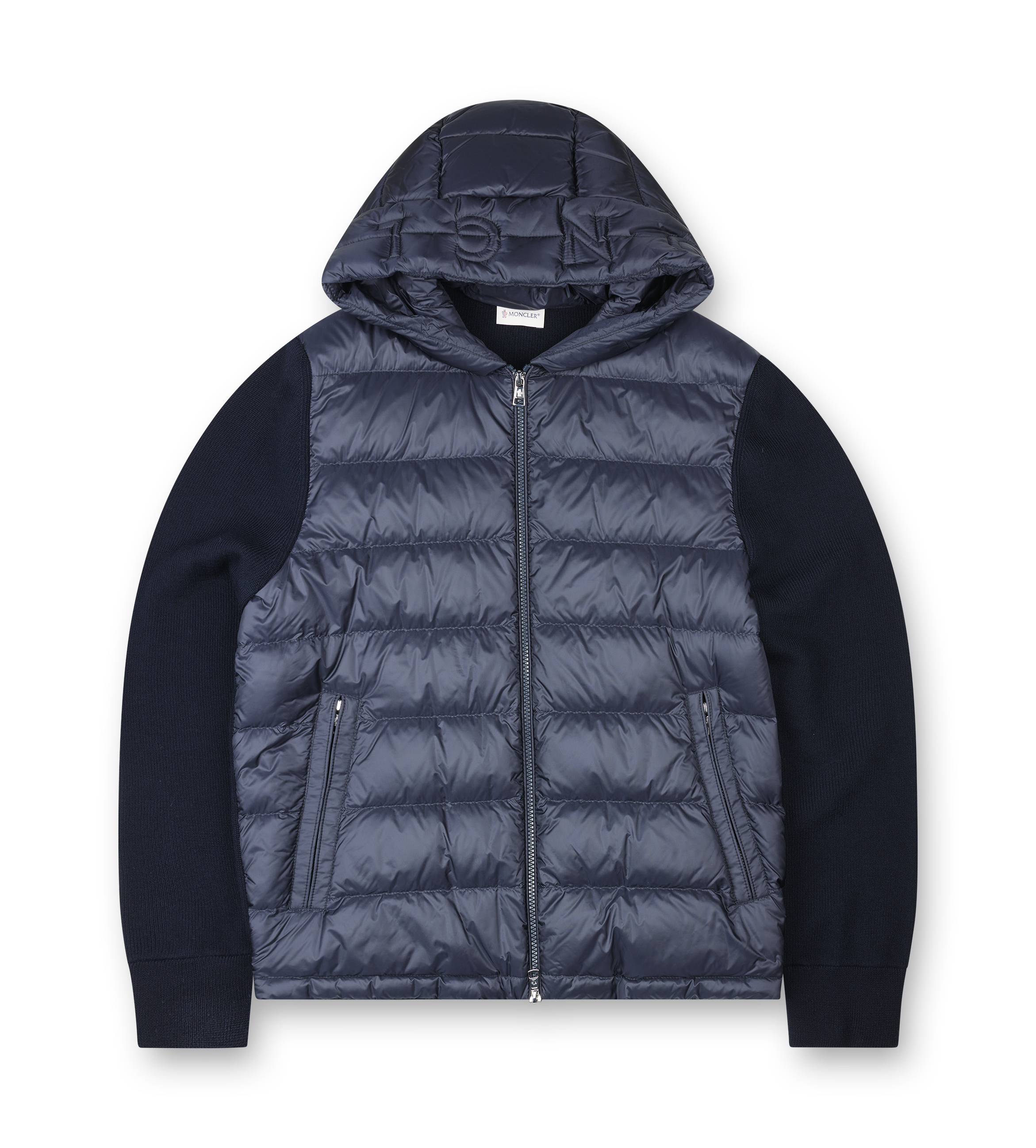 Moncler Quilted Down Cardigan with Hood and Logo Detail in Navy