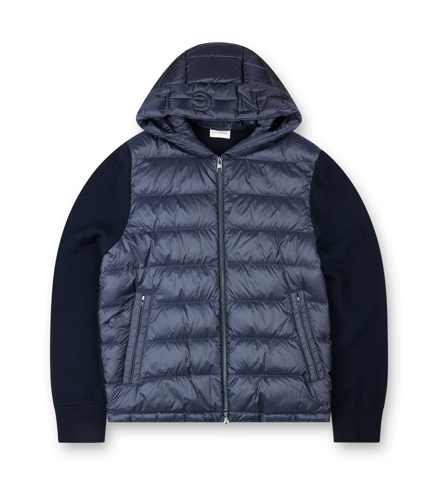 Moncler Quilted Down Cardigan with Hood and Logo Detail in Navy