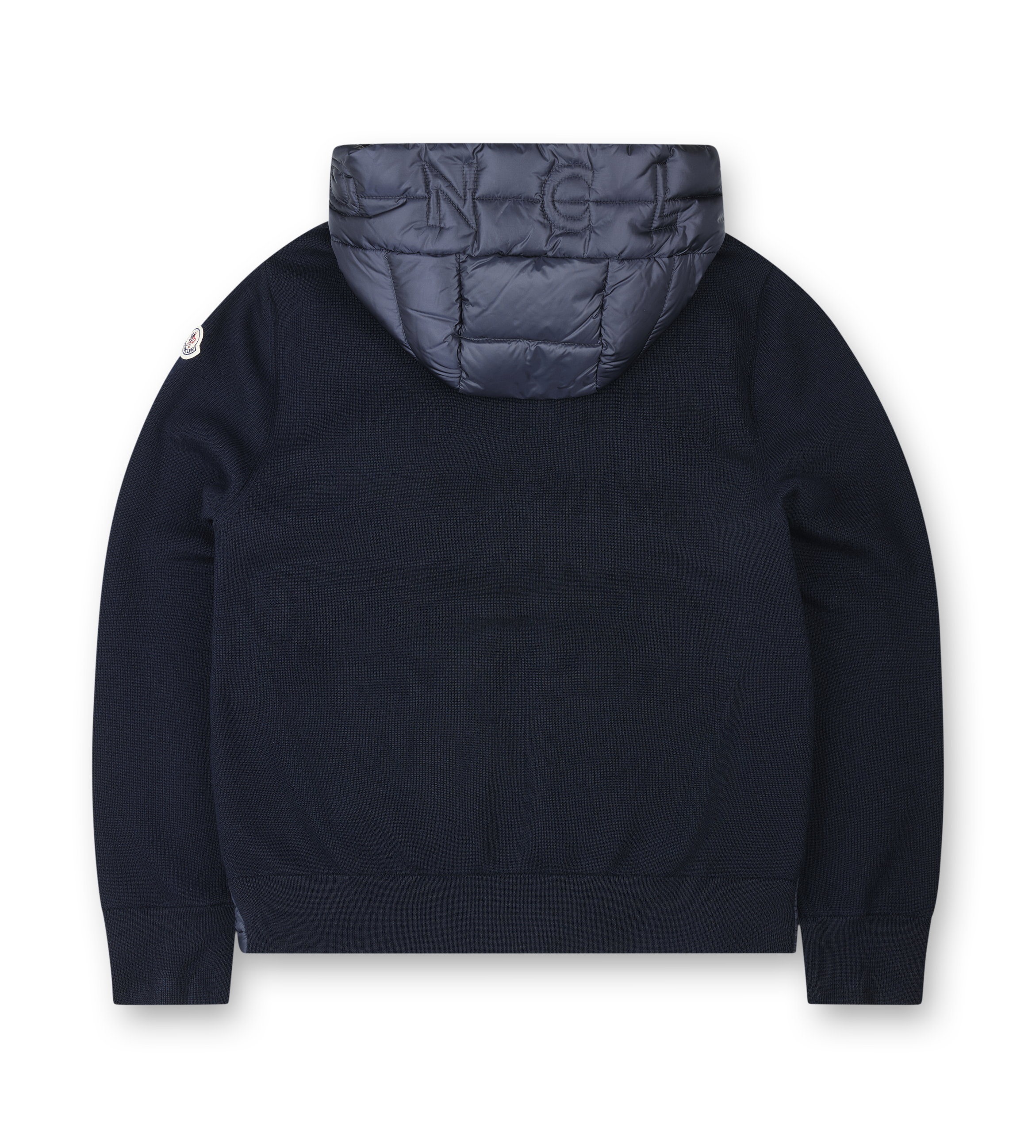 Moncler Quilted Down Cardigan with Hood and Logo Detail in Navy