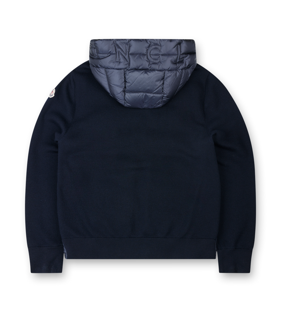 Moncler Quilted Down Cardigan with Hood and Logo Detail in Navy