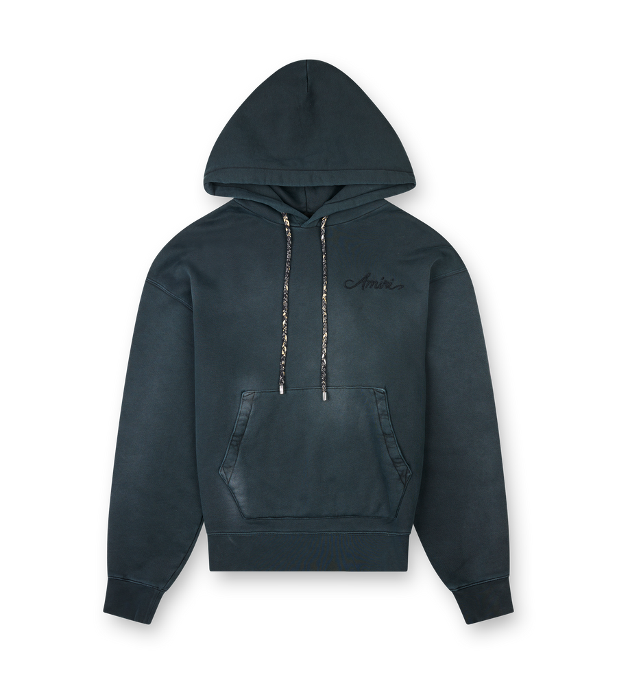Black hoodie with a brand logo