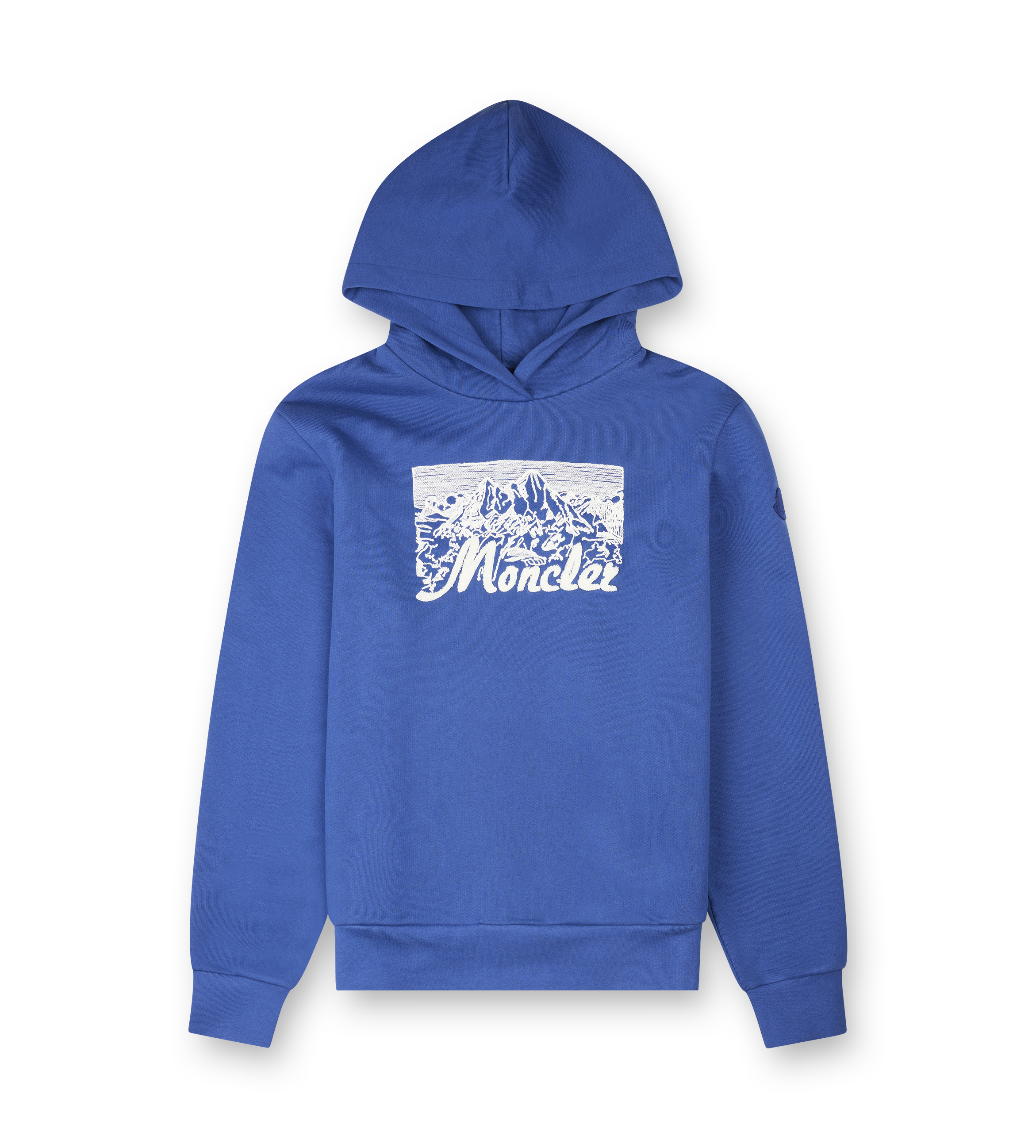 Blue moncler hoodie with a white logo on a white background