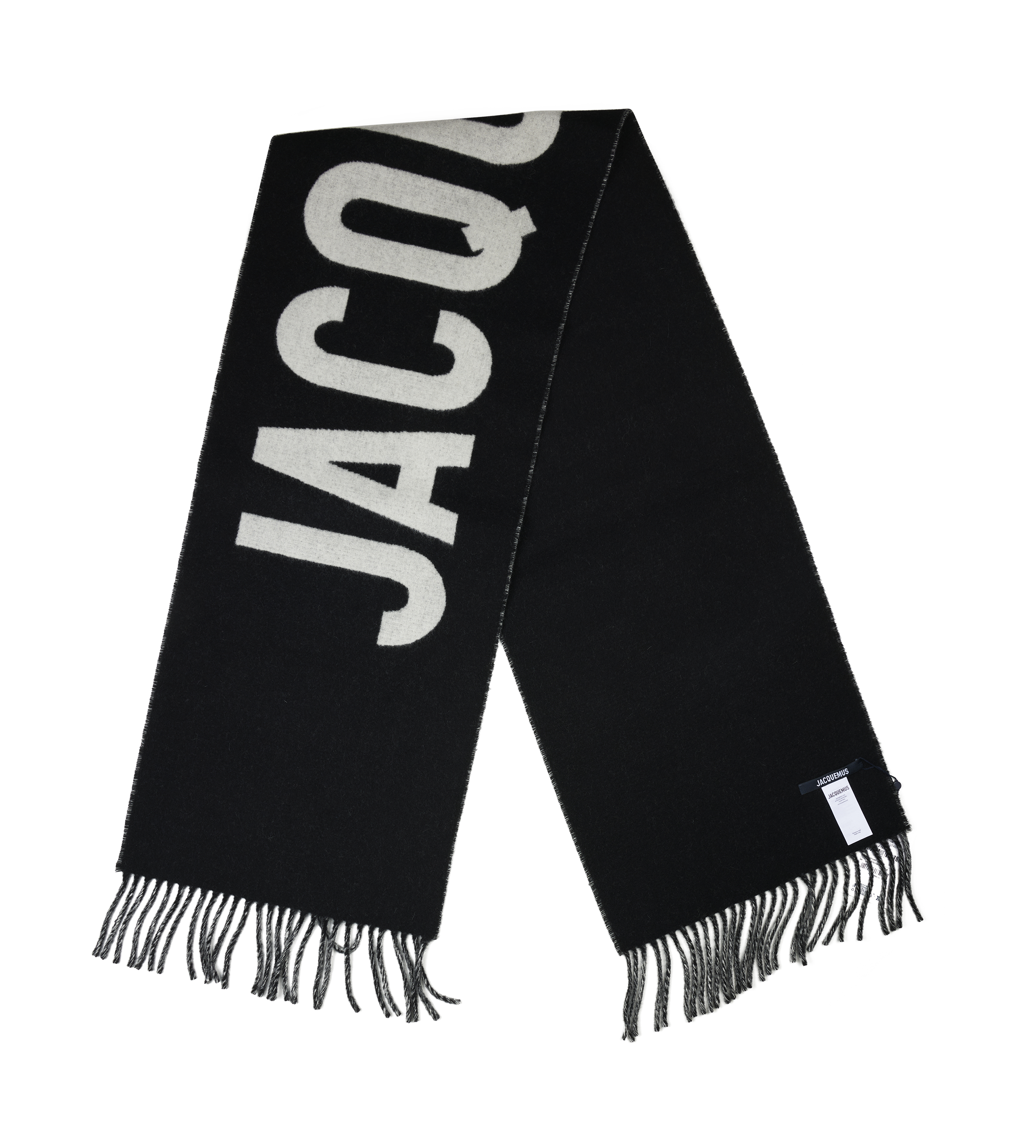 Jacquemus Wool Scarf with Logo & Fringes in Black