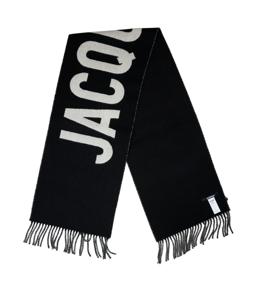 Jacquemus Wool Scarf with Logo & Fringes in Black