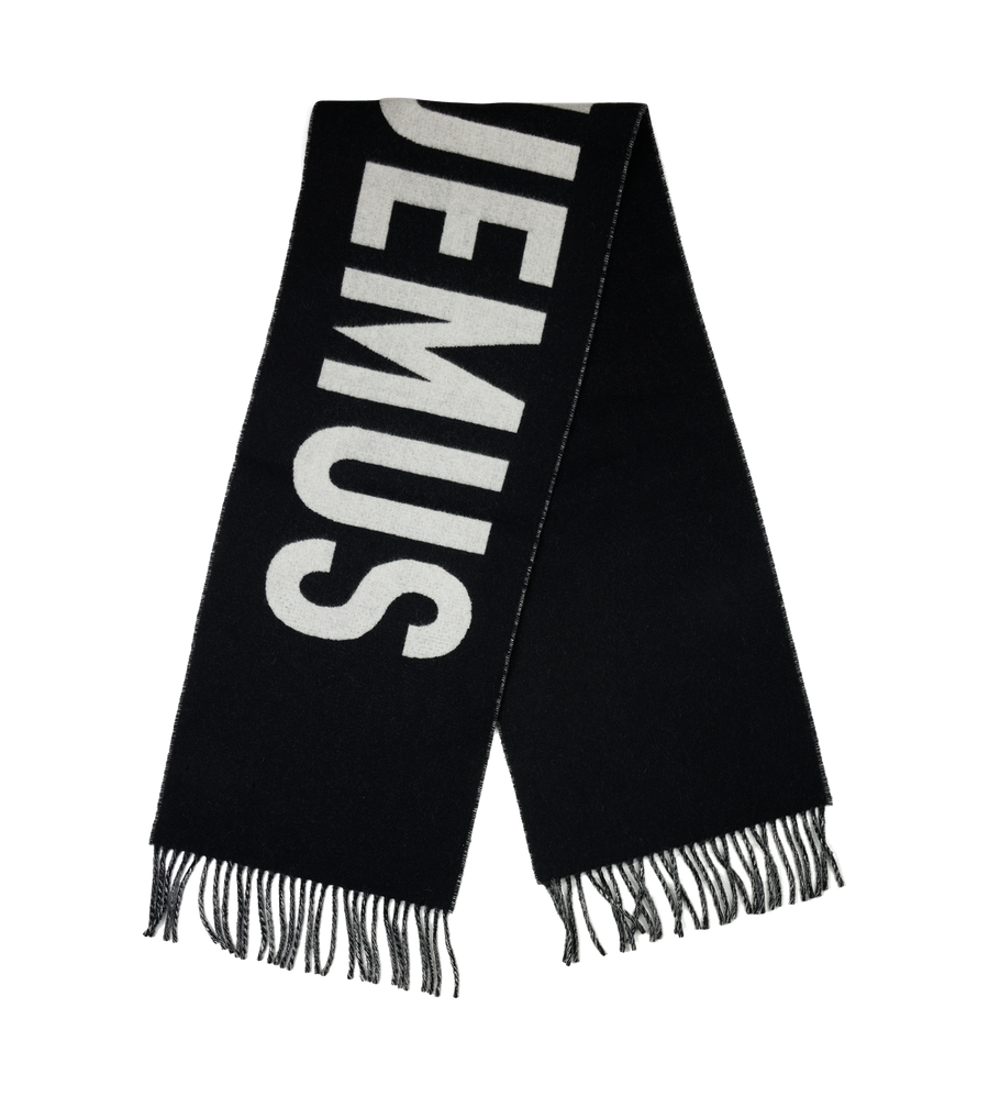 Jacquemus Wool Scarf with Logo & Fringes in Black