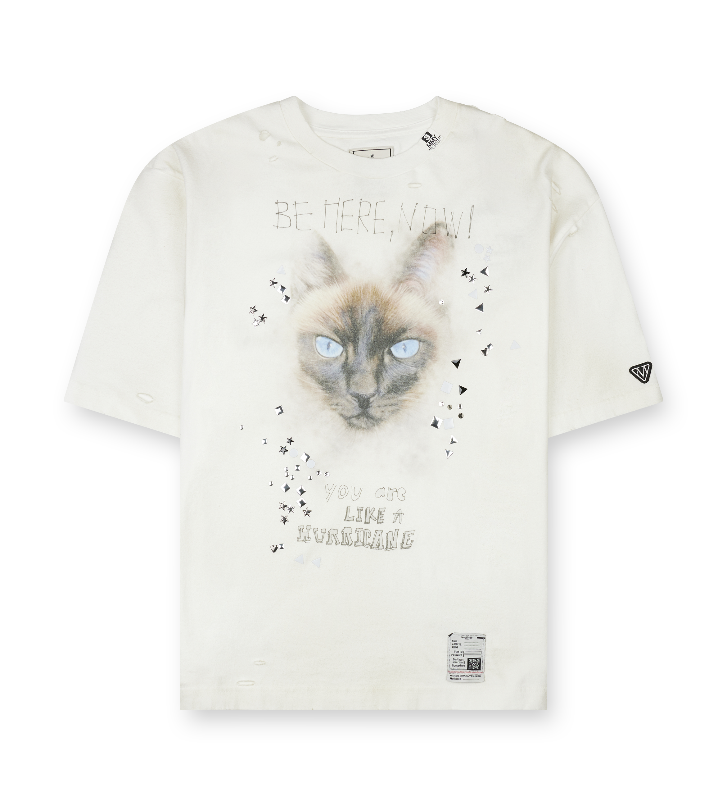 Maison MIHARA YASUHIRO Cat Printed Embellished Distressed T-Shirt in White