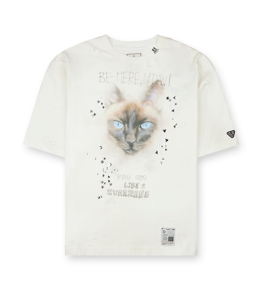 Maison MIHARA YASUHIRO Cat Printed Embellished Distressed T-Shirt in White