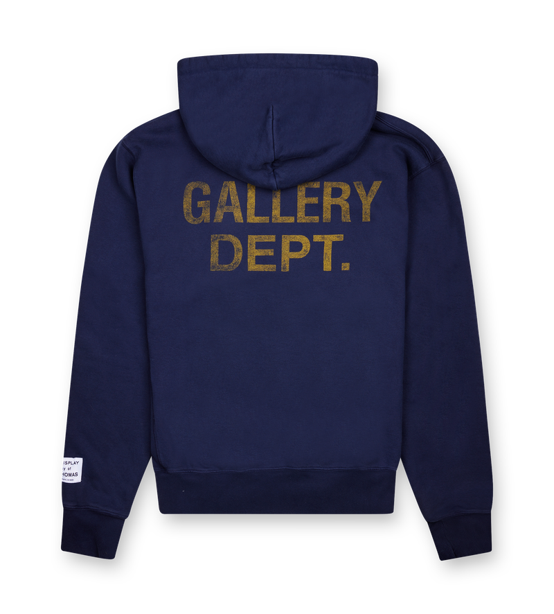 Gallery Dept GD Paint Logo Hoodie in Vintage Navy — front and back view showing hand-painted details, faded wash, and printed GD English logos.
