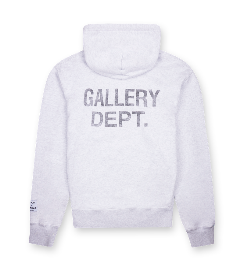 Gallery Dept GD Paint Logo Hoodie in Light Heather Grey — front and back view showing paint splatters, faded texture, and printed GD English logos.