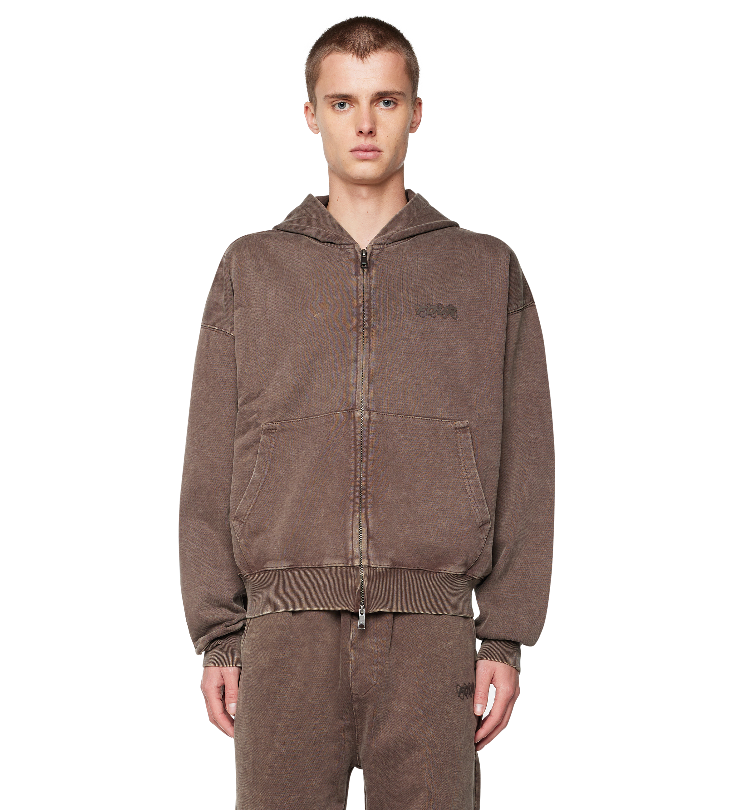 Circles Boxy Zip Up Hoodie Washed Brown