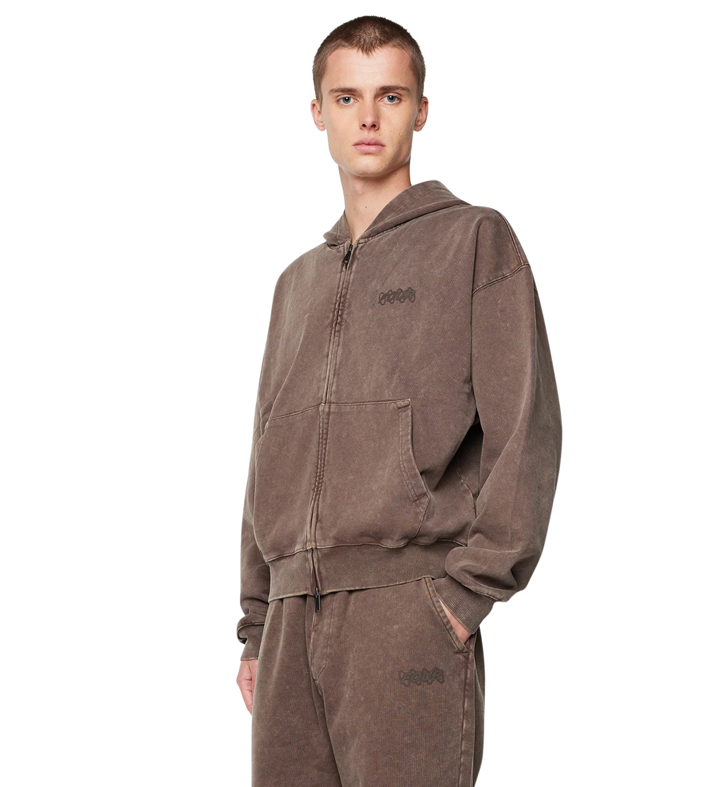 Circles Boxy Zip Up Hoodie Washed Brown