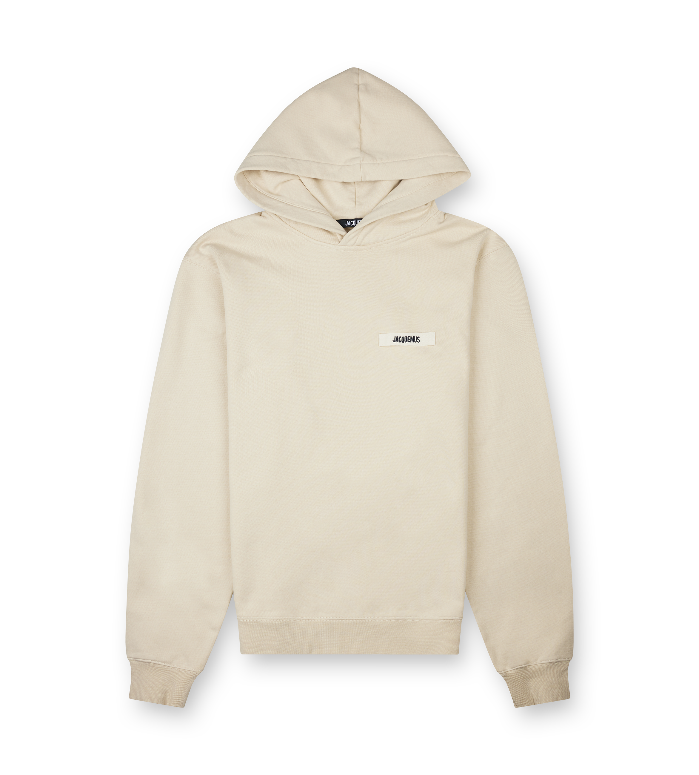 Beige hoodie with a small logo on a white background