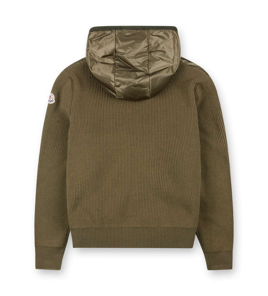 Moncler Contrast-Knit Hooded Shell-Down Cardigan in Green