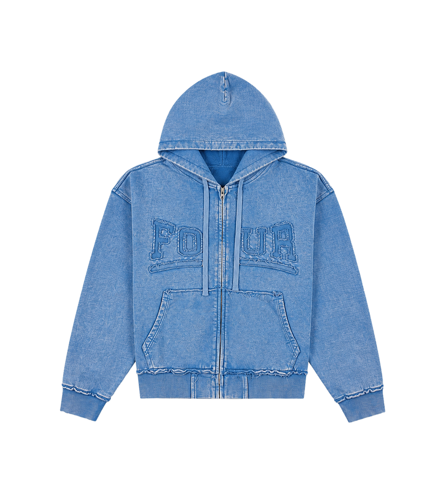 Logo Destroyed Boxy Zip Up Hoodie Washed Blauw
