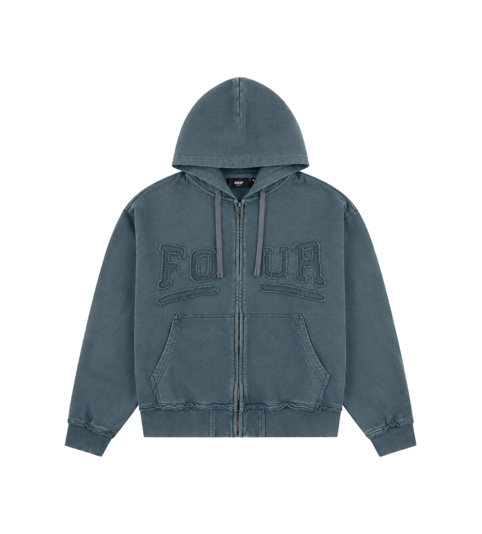 Logo Destroyed Boxy Zip Up Hoodie Washed Grijs