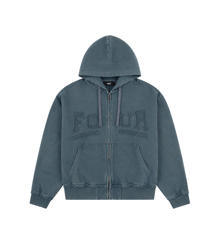 Logo Destroyed Boxy Zip Up Hoodie Washed Grijs